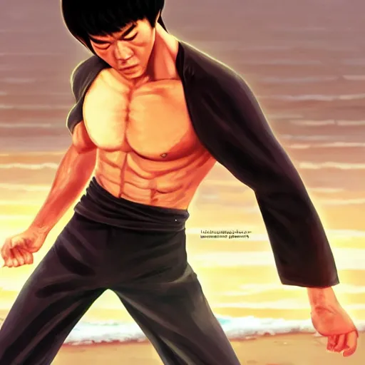 Prompt: bruce lee meditating on beach, extremely detailed, artstation, 8 k, sensual lighting, incredible art, wlop, artgerm