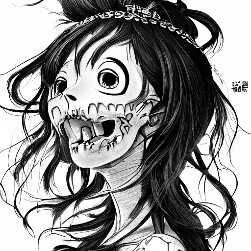 Image similar to manga fine details portrait of joyful skull girl, floeers in hair, Lizz Truss, skeleton. anime masterpiece by Studio Ghibli. 8k render, sharp high quality anime illustration in style of Ghibli, artstation