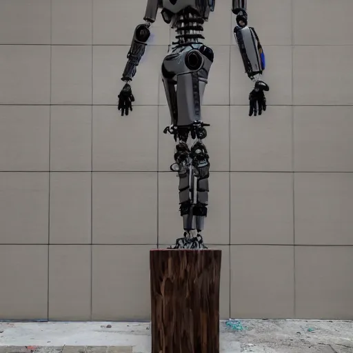 Image similar to an ultra realistic shot of a wooden art sculpture on a pedestal of a cyberpunk Roman robotic in a contemporary art gallery 8k octa style street art