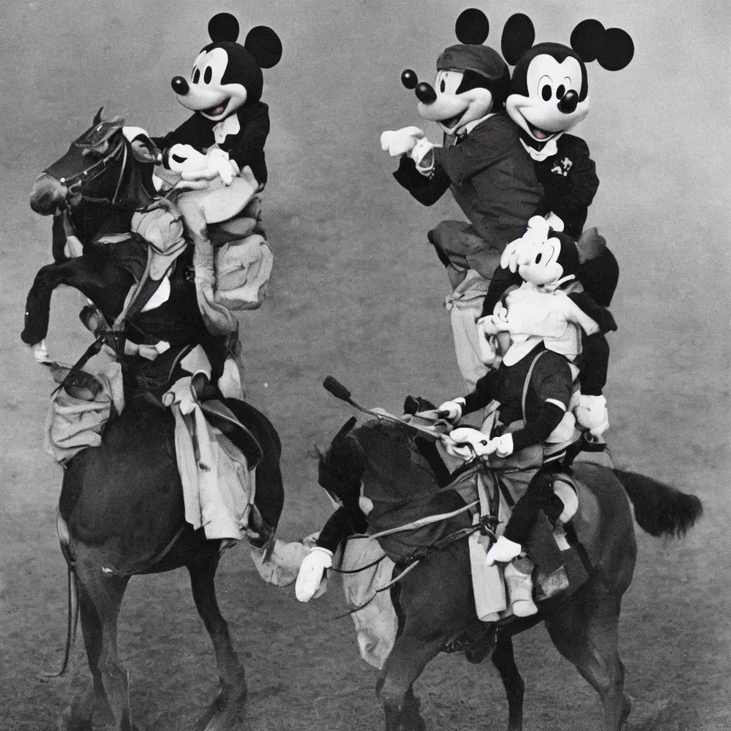 Prompt: a photograph of mickey mouse riding a horse called mini mouse