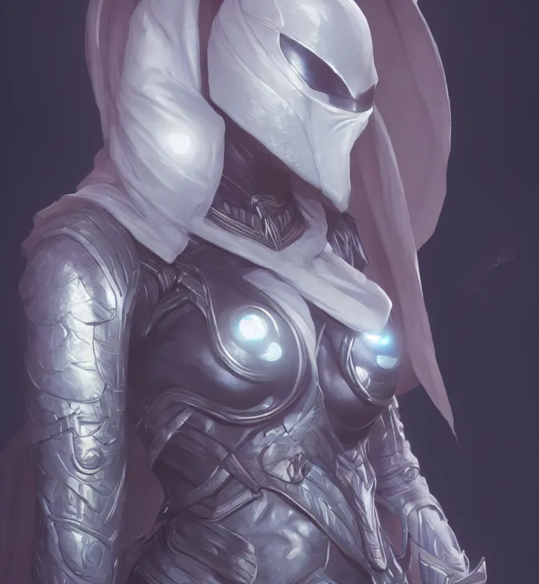 Image similar to female moon knight, hyper detailed, digital art, trending in artstation, cinematic lighting, studio quality, smooth render, unreal engine 5 rendered, octane rendered, art style by klimt and nixeu and ian sprigger and wlop and krenz cushart