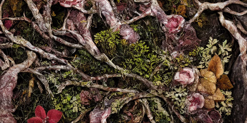 Prompt: details of flesh and skin, meat, lichens, skin texture details, painitng, bark, leaves, branches and twigs, forest details, oil on canvas, 4k, photorealistic, soft lighting, cinematic lighting, sharp focus, hyperrealistic painting