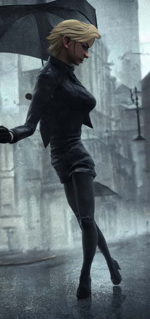 Image similar to beautiful annie leonhart running on high heels in dunwall city, redshift render, beautiful face, detailed face, cinematic lighting, rainy weather, melancholy atmosphere, volumetric light, octane render, dishonored 1, gothic architecture, realistic reflections, octane render 8 k