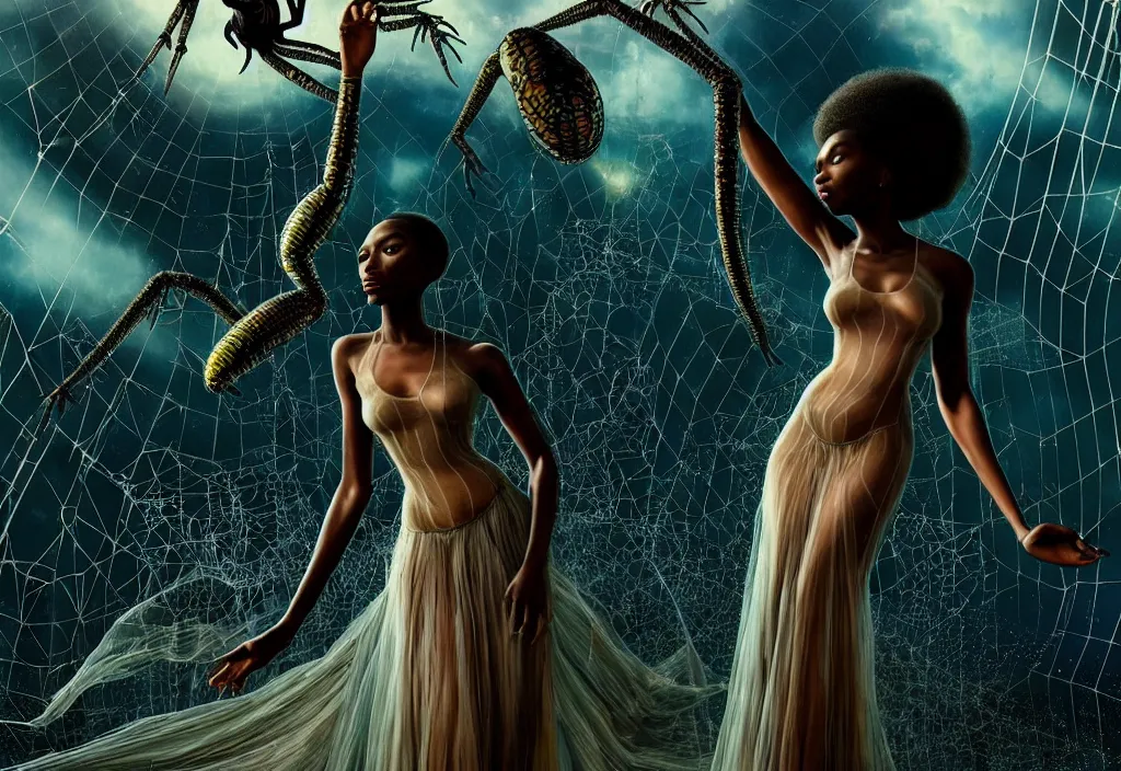 Image similar to realistic detailed portrait movie shot of a single beautiful black woman in a transparent sheer fabric dress dancing with a giant spider, futuristic sci fi landscape background by denis villeneuve, monia merlo, yves tanguy, ernst haeckel, alphonse mucha, max ernst, caravaggio, roger dean, sci fi necklace, masterpiece, dreamy, rich moody colours