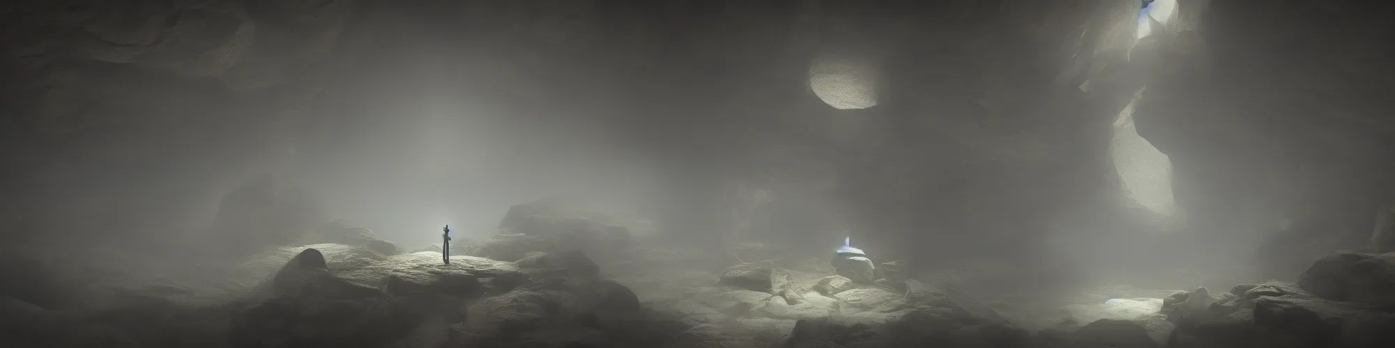 Prompt: huge stone cave with cinematic lighting in the style of Limbo, highly detailed, digital art 4k, 8k