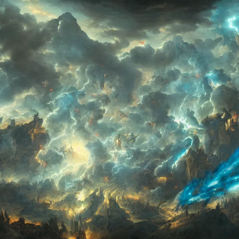 Image similar to hundreds of rebel angels falling from heaven as meterorites, epic lighting, disaster clouds, michael bay, john martin, apocalyptic