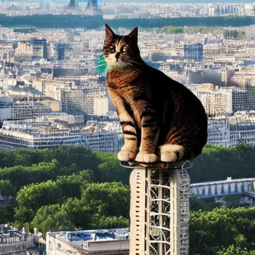 Image similar to high-resolution photograph of a giant cat riding the eiffel tower