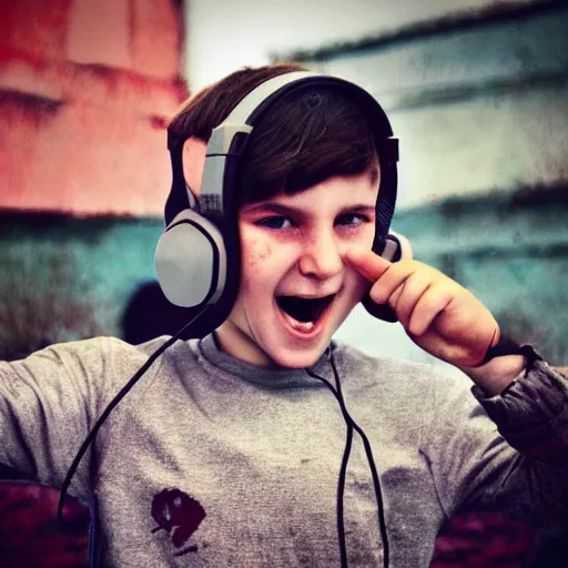 Prompt: Russian kid shouting cyka blyat in his headset, selfie photograph, cold colors, ifunny watermark, grainy