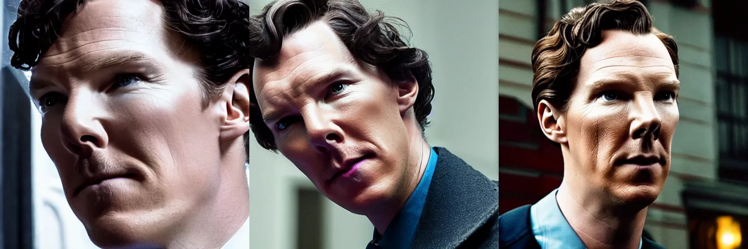 Prompt: close-up of Benedict Cumberbatch as a detective in a movie directed by Christopher Nolan, movie still frame, promotional image, imax 70 mm footage