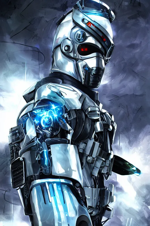 Image similar to cyber cyborg ninja mask helmet metal gear solid artic suit swat commando, global illumination ray tracing hdr fanart arstation by sung choi and eric pfeiffer and gabriel garza and casper konefal, a spectacular view cinematic rays of sunlight comic book illustration, by john kirby