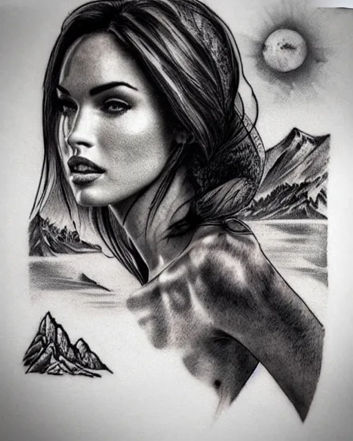 Image similar to double exposure effect tattoo design sketch of megan fox with beautiful mountains, realism tattoo, in the style of andrey lukovnikov, amazing detail, sharp, surrealist