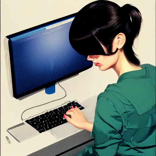 Image similar to hacker girl sits at an apple ] [ e computer in the 1 9 8 0 s, realistic shaded lighting poster by ilya kuvshinov katsuhiro otomo, magali villeneuve, artgerm, jeremy lipkin and michael garmash and rob rey