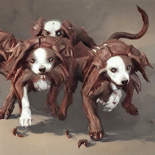 Image similar to cute, adorable, 3 - headed demon dog cerberus, painted by greg rutkowski, wlop