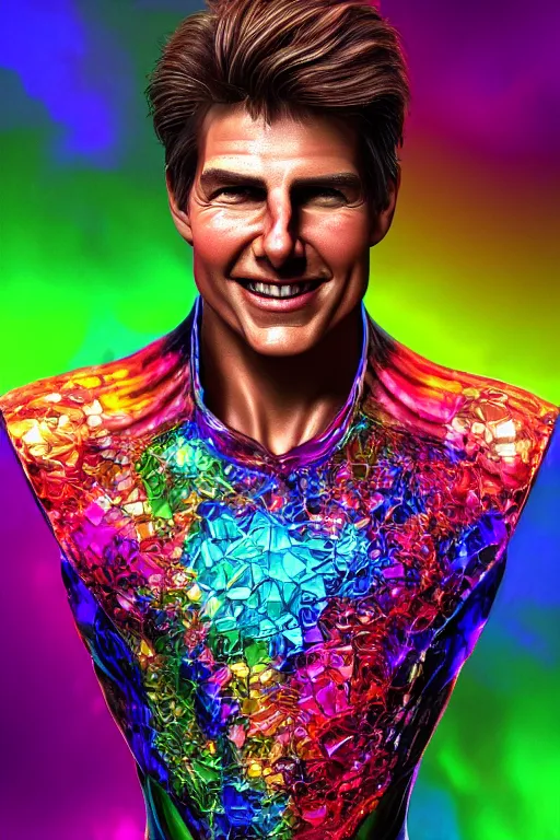 Image similar to a hyperdimensional jester, tom cruise, neon rainbow quartz, gemstone, 4k detailed hyperrealistic digital photo by Andy Thomas, Mario Martinez, Daniel Mirante, Gustave Dore, Artstation, CGsociety