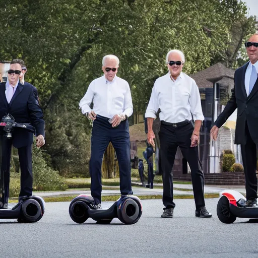 Prompt: A professional photograph of Joe Biden and his bodyguards standing on hoverboards, HDR, 8k,