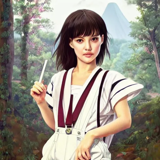 Image similar to a beautiful young japanese natalie portman alluring gravure model, wearing elegant designer overalls, elegant overalls with mesoamerican patterns, mesoamerican native street fashion, princess mononoke, by and wlop and ilya kuvshinov and artgerm and, aesthetic, gorgeous, stunning, alluring, attractive, artstation, pinterest, digital art