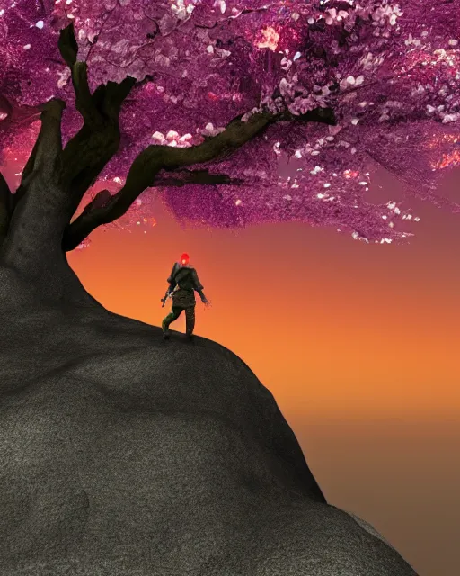 Prompt: A warrior standing near a cherry blossom tree, he is looking at a volcanic mountain that is erupting, 3d render, digital art