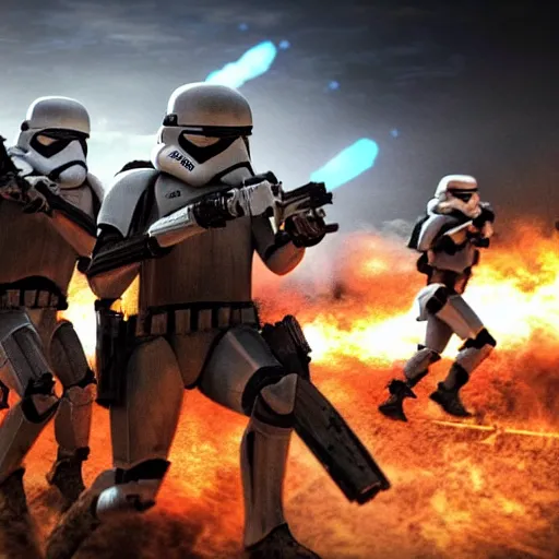 Image similar to hyper realism, realistic apocalyptic war scene, explosions, science - fiction soldiers running with armour like stormtroopers in the middle of explosions and bullets, view from far away,