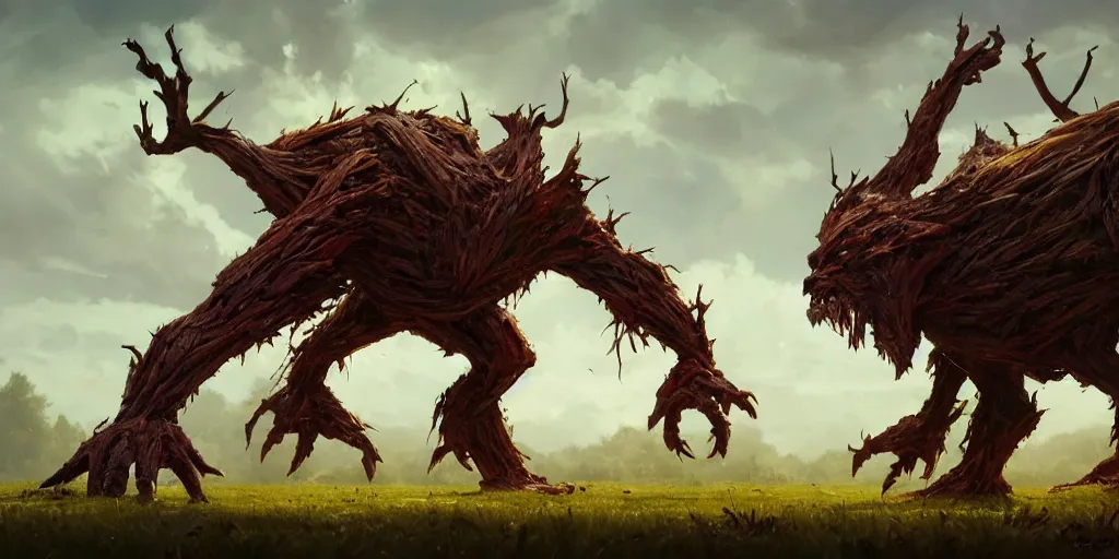 Prompt: Bipedal hulking creature made of wood, leaves and branches standing in the middle of the field. In style of Greg Rutkowski, Jesper Ejsing, Makoto Shinkai, trending on ArtStation, fantasy, great composition, concept art, highly detailed, scenery, 8K, Behance.