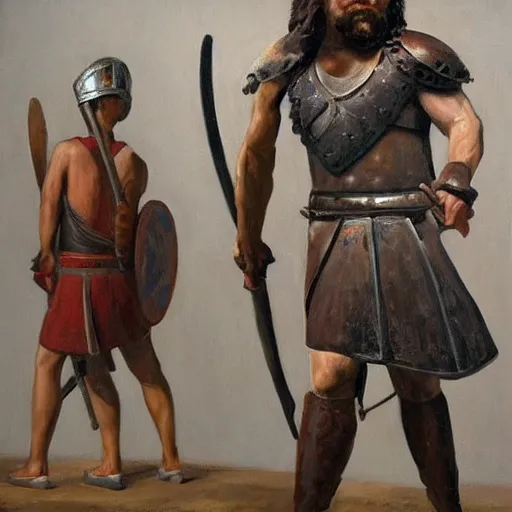 Prompt: the painting modern hoplite is a hyperrealistic portrayal of a ancient greek warrior, set against a precise and clinical background. the figure is realistically rendered, down to the smallest details, while the background is clean and sharp. this juxtaposition creates a jarring and disorienting effect, as the figure appears to be out of place in the modern setting.