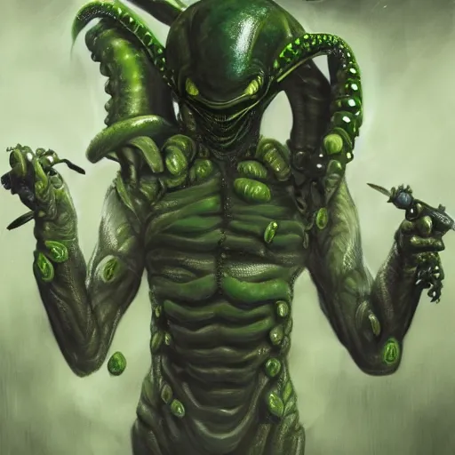 Image similar to hyper - realistic and detailed portrait of green alien soldier with tentacles and weapons