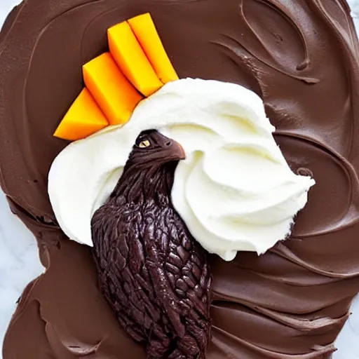 Image similar to a bald eagle made of chocolate powder, mango, and whipped cream