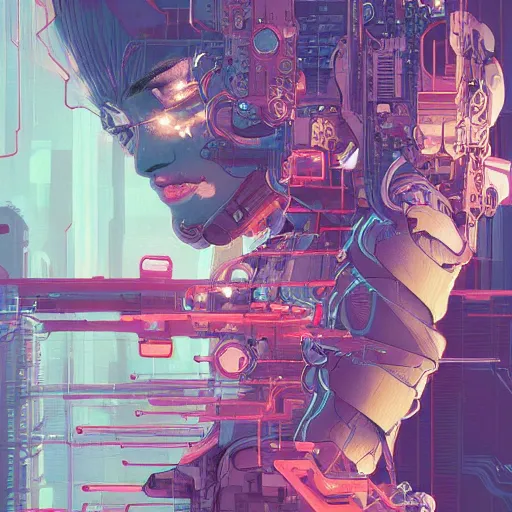 Prompt: comic book illustration, a portrait of a cybernetic buddhist meditating, cyberpunk concept art by josan gonzales and wlop, highly detailed, intricate, sci-fi, sharp focus, Trending on Artstation HQ, deviantart