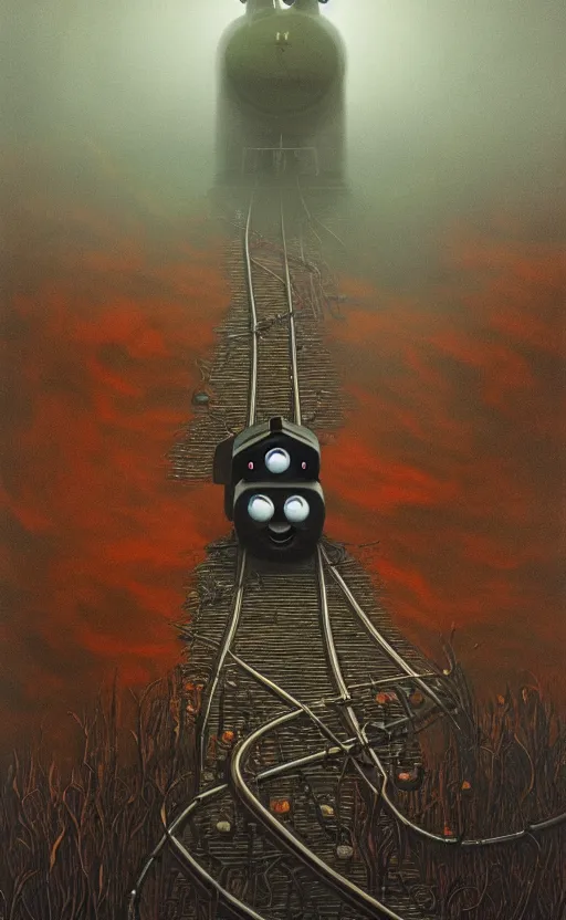 Image similar to thomas the tank engine in style of zdzisław beksinski, extremely dramatic lighting, 8 k, tendrils, black, darkness, black slime tendrils, infected, rust, body horror, thomas the train, thomas the tank engine face, horror,