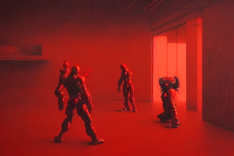 Image similar to only with red, a red cyborg samurai, tokio futuristic in background, some evil yokai fight, in the style of beksinski, parts by edward hopper, parts by rodcenko, parts by yue minjun, intricate and epic composition, red by caravaggio, insanely quality, highly detailed, masterpiece, red light, artstation, 4 k