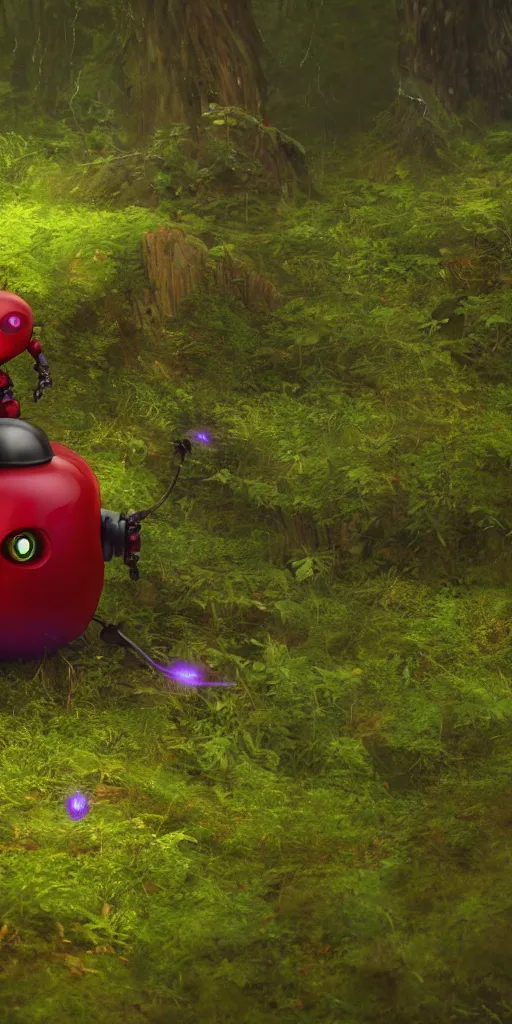 Prompt: little red robot with glowing purple eyes and antenna on head, surrounded by a green forrest, moody , lovecraft, giger, ridley scott, zack snyder, Fenghua Zhong, realistic cinematic lighting, establishing action shot, ultra detailed, hyper realism, photo, octane render