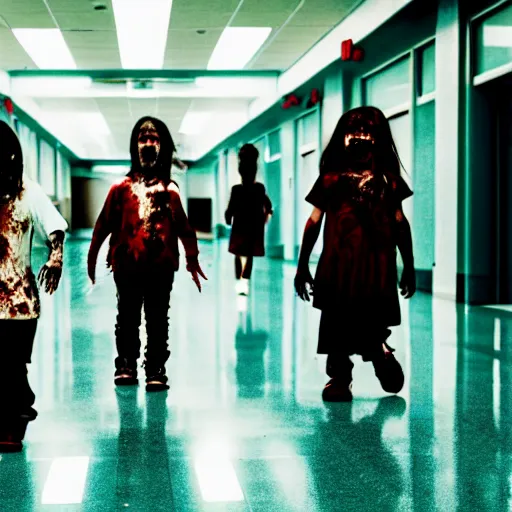 Prompt: zombie kids hunts their teacher in the school floor, cinematic, taken on a nikon, sharp focus, 4 k