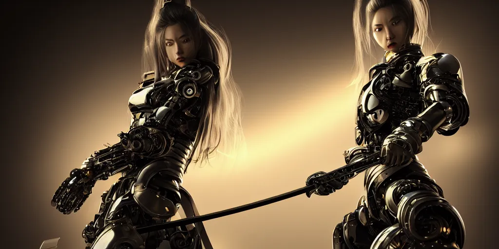 Prompt: insanely detailed rendering of a beautiful sci-fi female cyborg samurai holding a black katana, with brilliant silver flowing hair, beautiful gold eyes , cinematic light, dark environment, by Arturo Vázquez, michael weisheim, trending on artstation, ultrarealistic 3d digital rendering, 4k, high quality