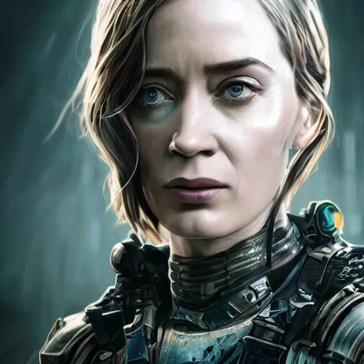 Image similar to emily blunt portrait, dystopia core, apocalyptic, armor, warrior, dramatic, sharp focus, fiction, neon, fantasy, hyper detailed, digital art, trending in artstation, cinematic lighting, studio quality, smooth render, unreal engine 5 rendered, octane rendered, art style and nixeu and wlop and krenz cushart