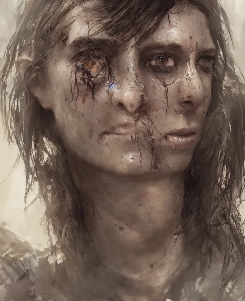 Image similar to ultra - realistic!! lifelike!! high details!! face!! portrait!! of a survivalist woman in a post apocalyptic city, gorgeous cinematic digital concept art trending on artstation by senior concept artist