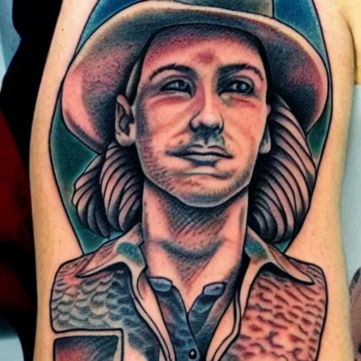 Image similar to American traditional tattoo of a gay cowboy,