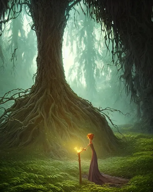 Image similar to highly detailed surreal vfx portrait of a cursed crown in a shadowy forest by a willow tree, stephen bliss, unreal engine, greg rutkowski, loish, rhads, beeple, makoto shinkai and lois van baarle, ilya kuvshinov, rossdraws, tom bagshaw, alphonse mucha, global illumination, detailed and intricate environment