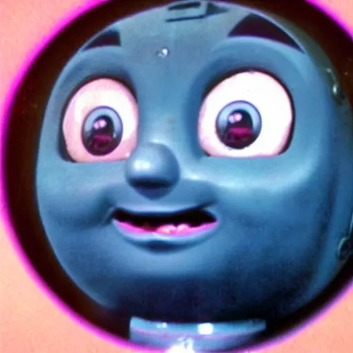 Prompt: creepy found footage of Thomas the tank engine with a pleading face blush super close up zoom fish eye staring into your soul terrifying backrooms horror