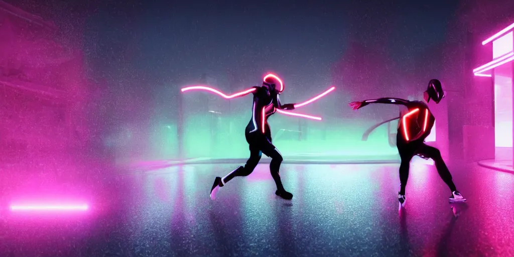 Prompt: cinematic slow motion camera wide angle of slow motion film still of futuristic break dancer wearing latex with neon lights, long exposure shot , motion blur, at night in the middle of a rainy and foggy surreal streer, paddle of water, water splashes, rim lights, glossy reflections, water droplets on lens, octane render, depth of field, detailed and soft, by laurie greasley