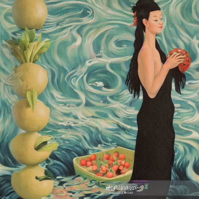 Image similar to tall female catgirl artist holding vegetables in her flooded kitchen, pomegranates, octopus, water gushing from ceiling, painting of flood waters inside an artist's apartment, a river flooding indoors, candles, ikebana, zen, rapids, waterfall, black swans, canoe, berries, acrylic on canvas, surrealist, by magritte and monet