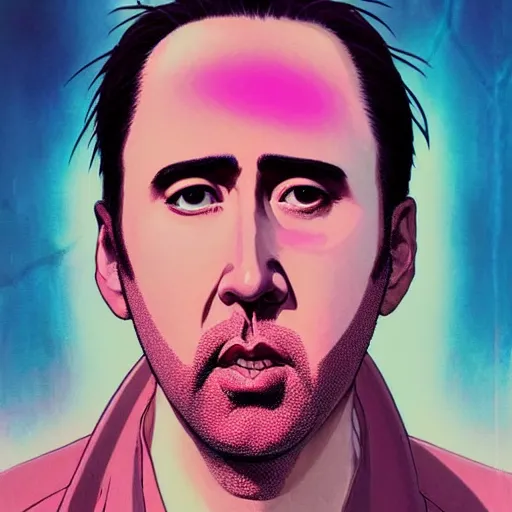 Image similar to prompt : pink nicolas cage portrait soft light painted by james jean and katsuhiro otomo and erik jones, inspired by evangeleon anime, smooth face feature, intricate oil painting, high detail illustration, sharp high detail, manga and anime 1 9 9 9