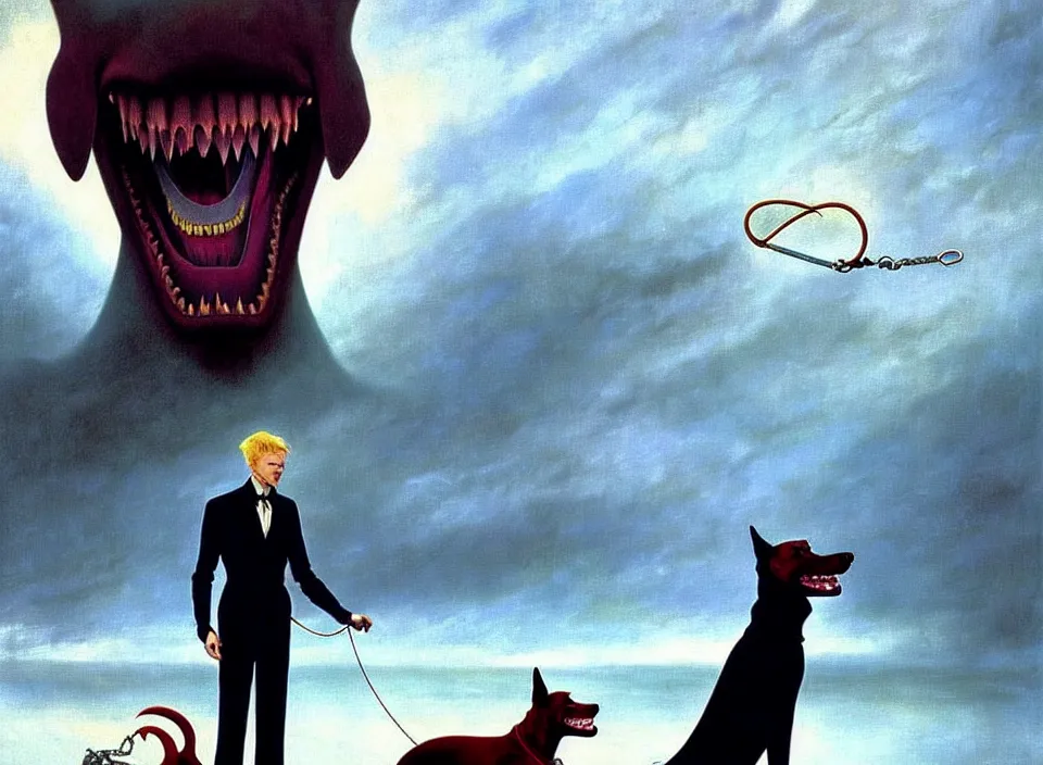 Image similar to realistic detailed portrait movie shot of an elegant blond male vampire with a barking doberman on a leash, sci fi landscape background by denis villeneuve, amano, yves tanguy, alphonse mucha, max ernst, roger dean, masterpiece, rich cold moody colours, dog teeth, blue eyes