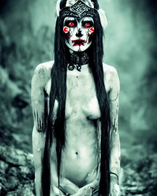 Image similar to lady native sisters ghost - spirit of the grim - warpaint wears the scarlet skull armor and native blood headdress feathers, midnight fog - mist!, cinematic lighting, various refining methods, micro macro autofocus, ultra definition, award winning photo, photograph by ghostwave - gammell - giger - shadowlord