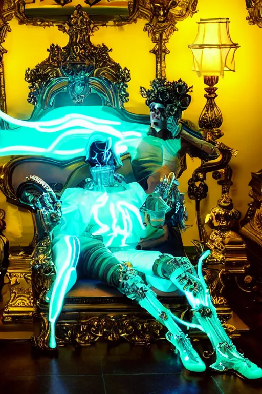 Prompt: full-body rococo and cyberpunk style neon statue of a muscular attractive Roberto macho dotado e rico android sim roupa reclining con las piernas abertas e la piroca dura liete, glowing white laser eyes, prince crown of mint gears, diamonds, swirling silver-colored silk fabric. futuristic elements. full-length view. space robots. human skulls. intricate artwork by caravaggio. Trending on artstation, octane render, cinematic lighting from the right, hyper realism, octane render, 8k, depth of field, 3D