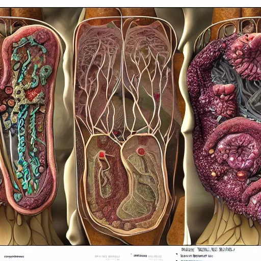 Prompt: organic organ made of organelles, detailed inner anatomy, organic biologic microcosm, artistic insanely detailed view of inside the body,