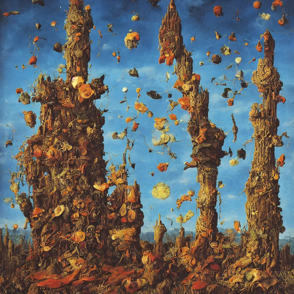 Prompt: a single! colorful! ( melting ) fungus tower clear empty sky, a high contrast!! ultradetailed photorealistic painting by jan van eyck, audubon, rene magritte, agnes pelton, max ernst, walton ford, andreas achenbach, ernst haeckel, hard lighting, masterpiece