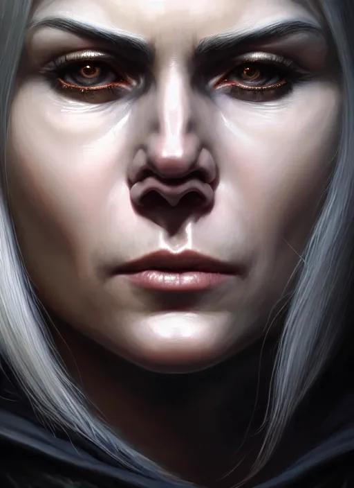 Image similar to closeup portrait shot of cirilla from the witcher 3, scar over left eye, intricate, elegant, highly detailed, centered, digital painting, artstation, concept art, smooth, sharp focus, illustration, artgerm, tomasz alen kopera, peter mohrbacher, donato giancola, joseph christian leyendecker, wlop, boris vallejo