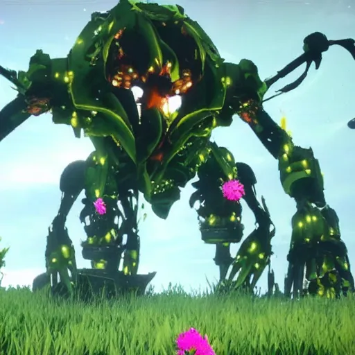 Image similar to corrupted sentinel enjoying picking up flower on infested planet