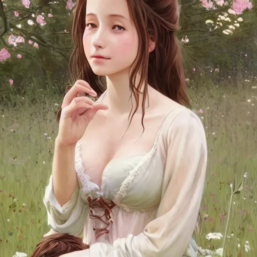 Prompt: aerith gainsborough with robe with decollete and bra | | in a meadow!! summer, realistic shaded, pleasant face, fine details, medium shot, portrait, realistic shaded lighting poster by greg rutkowski, artgerm, kyoto animation and alphonse mucha