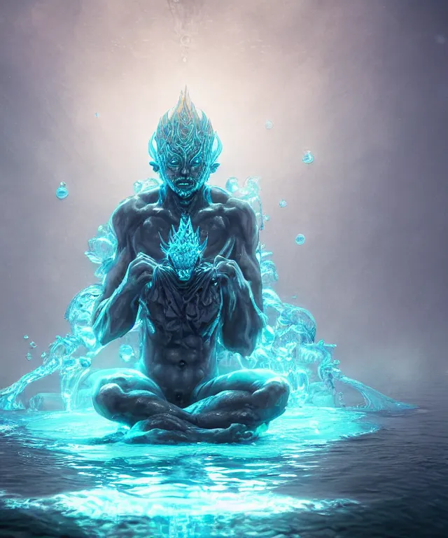 Prompt: a water demon meditating surrounded by power sigils, centered composition, crisp 8 k line art, digital painting, artstation, unreal engine, octane render, emissive lighting, concept art, matte, sharp focus, hyper realistic lighting, illustration, art by junto ito and takato yamamoto and riot studios