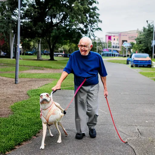 Prompt: elderly man walking a pet crab, leash, park, happy, canon eos r 3, f / 1. 4, iso 2 0 0, 1 / 1 6 0 s, 8 k, raw, unedited, symmetrical balance, wide angle